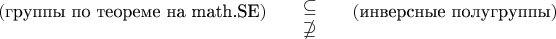 $$(\text{группы по теореме на math.SE})\qquad\overset{\textstyle\subseteq}{\underset{\textstyle\nsupseteq}{}}\qquad(\text{инверсные полугруппы})$$
