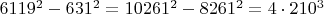 $6119^2-631^2=10261^2-8261^2=4 \cdot 210^3$