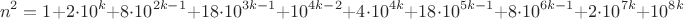 $$n^2=1+2\cdot 10^k+8\cdot 10^{2k-1}+18\cdot 10^{3k-1}+10^{4k-2}+4\cdot 10^{4k}+18\cdot 10^{5k-1}+8\cdot 10^{6k-1} +2\cdot 10^{7k}+10^{8k}$$