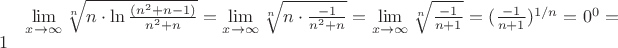 $\lim\limits_{x\to\infty}\sqrt[n]{n\cdot\ln\frac{(n^2+n-1)}{n^2+n}} = \lim\limits_{x\to\infty}\sqrt[n]{n\cdot\frac{-1}{n^2+n}} = \lim\limits_{x\to\infty}\sqrt[n]{\frac{-1}{n+1}} = (\frac{-1}{n+1})^{1/n} = 0^0 = 1$
