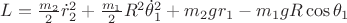 $L=\frac{m_2}{2}\dot r_2^2+\frac{m_1}{2}R^2\dot\theta_1^2+m_2gr_1-m_1gR\cos\theta_1$ $L=\frac{m_2}{2}\dot r_2^2+\frac{m_1}{2}R^2\dot\theta_1^2+m_2gr_1-m_1gR\cos\theta_1$