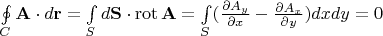 $\oint \limits_C \mathbf{A}\cdot d\mathbf{r} = \int \limits_S d\mathbf{S}\cdot \operatorname{rot} \mathbf{A} =\int \limits_S (\frac{\partial A_y}{\partial x}-\frac{\partial A_x}{\partial y})dxdy= 0$