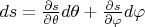 $ds=\frac{\partial s}{\partial \theta}d\theta+\frac{\partial s}{\partial \varphi}d\varphi$