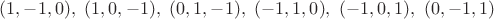 $(1,-1,0),\ (1,0,-1),\ (0,1,-1),\ (-1,1,0),\ (-1,0,1),\ (0,-1,1)$ $(1,-1,0),\ (1,0,-1),\ (0,1,-1),\ (-1,1,0),\ (-1,0,1),\ (0,-1,1)$