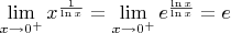$\lim\limits_{x\to 0^+}x^{\frac 1{\ln x}}=\lim\limits_{x\to 0^+}e^{\frac{\ln x}{\ln x}}=e$