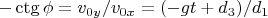 $$
-\mathop{\rm ctg}\phi=v_{0y}/v_{0x}=(-gt+d_3)/d_1
$$