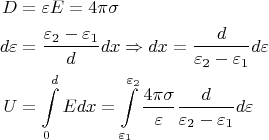 $$\begin{align}
D&=\varepsilon E=4\pi\sigma\\
d\varepsilon&=\frac{\varepsilon_2-\varepsilon_1}{d}dx\Rightarrow dx=\frac{d}{\varepsilon_2-\varepsilon_1}d\varepsilon\\
U&=\int\limits_{0}^{d}Edx=\int\limits_{\varepsilon_1}^{\varepsilon_2}\frac{4\pi\sigma}{\varepsilon}\frac{d}{\varepsilon_2-\varepsilon_1}d\varepsilon
\end{align}$$