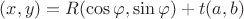 $(x, y) = R(\cos\varphi,\sin\varphi) + t(a, b)$