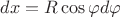 $dx = R\cos \varphi d \varphi$