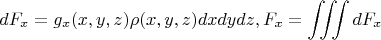 $$dF_x=g_x(x,y,z)\rho(x,y,z)dxdydz, F_x=\iiint dF_x$$