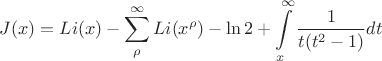 $$ J(x) = Li(x) - \sum\limits_{\rho }^{\infty}Li(x^{\rho})-\ln2 + \int\limits_{x}^{\infty}\frac1{t(t^2-1)\lnt}dt$$