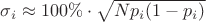 $\sigma_i \approx 100\% \cdot \sqrt{N p_i(1-p_i)}$