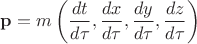 $\mathbf{p}=m\left( \dfrac{dt}{d\tau},\dfrac{dx}{d\tau},\dfrac{dy}{d\tau},\dfrac{dz}{d\tau} \right)$