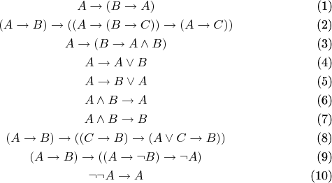 \begin{gather} 
A\to(B\to A) \\ 
(A\to B)\to((A\to(B\to C))\to(A\to C)) \\ 
A\to(B\to A\wedge B) \\ 
A\to A\vee B \\ 
A\to B\vee A \\ 
A\wedge B\to A \\ 
A\wedge B\to B \\ 
(A\to B)\to((C\to B)\to(A\vee C\to B)) \\ 
(A\to B)\to((A\to\neg B)\to\neg A) \\ 
\neg\neg A\to A 
\end{gather}$