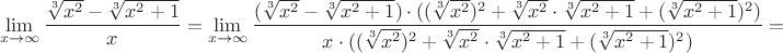 $$\lim_{x\to\infty}\frac{\sqrt[3]{x^2} -\sqrt[3]{x^2+1}}{x} = \lim_{x\to\infty}\frac{(\sqrt[3]{x^2} -\sqrt[3]{x^2+1}) \cdot ((\sqrt[3]{x^2})^2+\sqrt[3]{x^2} \cdot \sqrt[3]{x^2+1} + (\sqrt[3]{x^2+1})^2)}{x \cdot ((\sqrt[3]{x^2})^2+\sqrt[3]{x^2} \cdot \sqrt[3]{x^2+1} + (\sqrt[3]{x^2+1})^2)} =$$