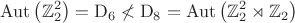 $$\mathrm{Aut}\left(\mathbb{Z}_2^2\right)=\mathrm{D}_6\not<\mathrm{D}_8=\mathrm{Aut}\left(\mathbb{Z}_2^2\rtimes\mathbb{Z}_2\right)$$