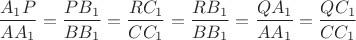 $$\dfrac{A_1P}{AA_1}=\dfrac{PB_1}{BB_1}=\dfrac{RC_1}{CC_1}=\dfrac{RB_1}{BB_1}=\dfrac{QA_1}{AA_1}=\dfrac{QC_1}{CC_1}$$