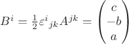 $B^i=\frac 12 {\varepsilon^i}_{jk}A^{jk}=\begin{pmatrix}c\\ -b\\ a\\ \end{pmatrix}$