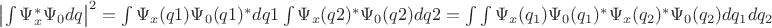$\left|\int\Psi_x^*\Psi_0 dq\right|^2=\int\Psi_{x}(q1)\Psi_{0}(q1)^* dq1 \int\Psi_{x}(q2)^*\Psi_{0}(q2) dq2=\int\int\Psi_{x}(q_1)\Psi_{0}(q_1)^* \Psi_{x}(q_2)^*\Psi_{0}(q_2) dq_1dq_2$
