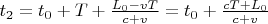 $t_2=t_0+T+\frac{L_0-vT}{c+v}=t_0+\frac{cT+L_0}{c+v}$