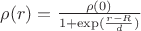 $\[\rho (r) = \frac{{\rho (0)}}{{1 + \exp (\frac{{r - R}}{d})}}\]$