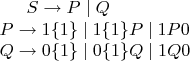 $S\rightarrow P\mid Q
\\ P\rightarrow 1\{1\}\mid 1\{1\}P \mid 1P0
\\ Q\rightarrow 0\{1\}\mid 0\{1\}Q \mid 1Q0$
