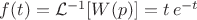 $f(t)=\mathcal{L}^{-1}[W(p)]=t\,e^{-t}$