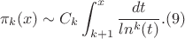 $$\pi_k(x)\sim C_k\int_{k+1}^{x}{\frac {dt} {ln^k(t)}}.(9)$$