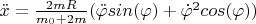 $\ddot x=\frac{2 m R}{m_0+2 m}(\ddot\varphi sin(\varphi)+\dot\varphi^2 cos(\varphi))$
