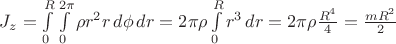 $J_{z} = \int\limits_{0}^{R}\int\limits_{0}^{2\pi}\rho r^2 r \, d\phi\,dr=2\pi\rho\int\limits_{0}^{R}r^3\, dr=2\pi\rho\frac{R^4}{4}=\frac{mR^2}{2}$