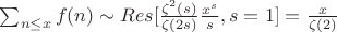 $\sum_{n \leq x} f(n) \sim Res[\frac {\zeta^2(s)}{\zeta(2s)}\frac{x^s}{s},s=1]=\frac{x}{\zeta(2)}$