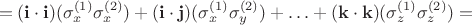 $$=(\mathbf{i}\cdot\mathbf{i})(\sigma_x^{(1)}\sigma_x^{(2)})+(\mathbf{i}\cdot\mathbf{j})(\sigma_x^{(1)}\sigma_y^{(2)})+\ldots+(\mathbf{k}\cdot\mathbf{k})(\sigma_z^{(1)}\sigma_z^{(2)})=$$