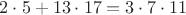 $2 \cdot5+13 \cdot17=3 \cdot7 \cdot11$