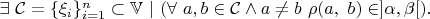 $\exists\ \mathcal{C}=\{\xi_i\}_{i=1}^n\subset\mathbb{V}\ |\ (\forall\ a,b\in\mathcal{C}\land a\neq b\ \rho(a,\ b)\in]\alpha,\beta[).$