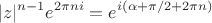 $$|z|^{n-1}e^{2\pi ni}= e^{i(\alpha+\pi/2+2\pi n)}$$ $$|z|^{n-1}e^{2\pi ni}= e^{i(\alpha+\pi/2+2\pi n)}$$