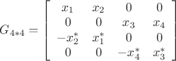 ${G_{4*4}} = \left[ {\begin{array}{*{20}{c}}{{x_1}}&{{x_2}}&0&0\\0&0&{{x_3}}&{{x_4}}\\{ - x_2^*}&{x_1^*}&0&0\\0&0&{ - x_4^*}&{x_3^*}\end{array}} \right]$