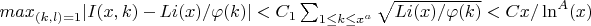 $max_{(k,l)=1}|I(x,k)-Li(x)/\varphi(k)}|<C_1 \sum_{1 \leq k \leq x^a} \sqrt {Li(x)/ \varphi(k)} <C x/\ln^A(x)$