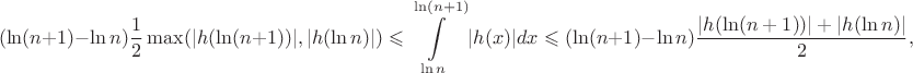 $$
(\ln(n+1)-\ln n)\frac12\max(|h(\ln (n+1))|,|h(\ln n)|)\leqslant\int\limits_{\ln n}^{\ln (n+1)} |h(x)|dx\leqslant (\ln(n+1)-\ln n)\frac{|h(\ln(n+1))|+|h(\ln n)|}{2},
$$