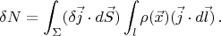 $$
\delta N=\int_\Sigma(\delta\vec{j}\cdot d\vec{S})\int_l\rho(\vec{x})(\vec{j}\cdot d\vec{l})\,.
$$