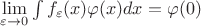 $\lim\limits_{\varepsilon \rightarrow 0} \int f_\varepsilon(x)\varphi(x)dx=\varphi(0)$