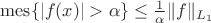 $ \operatorname{mes}\{|f(x)|>\alpha\}\le\frac1\alpha\|f\|_{L_1}$