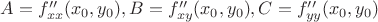 $A=f''_{xx}(x_0,y_0),B=f''_{xy}(x_0,y_0),C=f''_{yy}(x_0,y_0)$