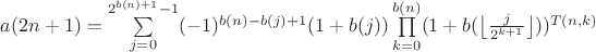 $a(2n+1) = \sum\limits_{j=0}^{2^{b(n)+1}-1}(-1)^{b(n)-b(j)+1}(1+b(j))\prod\limits_{k=0}^{b(n)}(1+b(\left\lfloor\frac{j}{2^{k+1}}\right\rfloor))^{T(n,k)}$