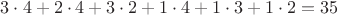 ${3\cdot 4}+{2\cdot 4}+{3\cdot 2}+{1\cdot 4}+{1\cdot 3}+{1\cdot 2}=35$