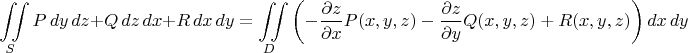 $$\iint\limits_{S}P \,dy \,dz + Q \,dz \,dx + R \,dx \,dy = \iint\limits_{D} \left( -\frac{\partial z}{\partial x}P(x, y, z)-\frac{\partial z}{\partial y}Q(x, y, z)+R(x, y, z) \right) dx\, dy$$