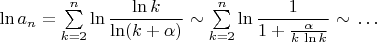 $\ln a_n=\sum\limits_{k=2}^n\ln\dfrac{\ln k}{\ln(k+\alpha)}\sim\sum\limits_{k=2}^n\ln\dfrac{1}{1+\frac{\alpha}{k\,\ln k}}\sim\,\ldots$