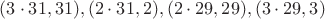 $(3\cdot31,31), (2\cdot31,2), (2\cdot29,29), (3\cdot29,3)$