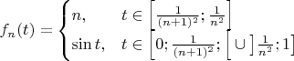 $f_n(t)=\begin {cases} n, & t\in {\left [ \frac{1}{(n+1)^2}; \frac{1}{n^2} \right ] } \\
\sin{t}, & t \in  \left [ 0; \frac{1}{(n+1)^2}; \right [ \cup \left ] \frac{1}{n^2}; 1 \right ] \\
\end{cases} $