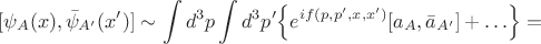 $$[\psi_A(x),\bar{\psi}_{A'}(x')]\sim\int d^3p\int d^3p'\Bigl\{e^{if(p,p',x,x')}[a_A,\bar{a}_{A'}]+\ldots\Bigr\}=$$