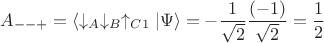 $$A_{--+}=\langle \downarrow_A\downarrow_B\uparrow_{C1}|\Psi \rangle= -\dfrac{1}{\sqrt{2}}\dfrac{(-1)}{\sqrt{2}}=\dfrac{1}{2}$$